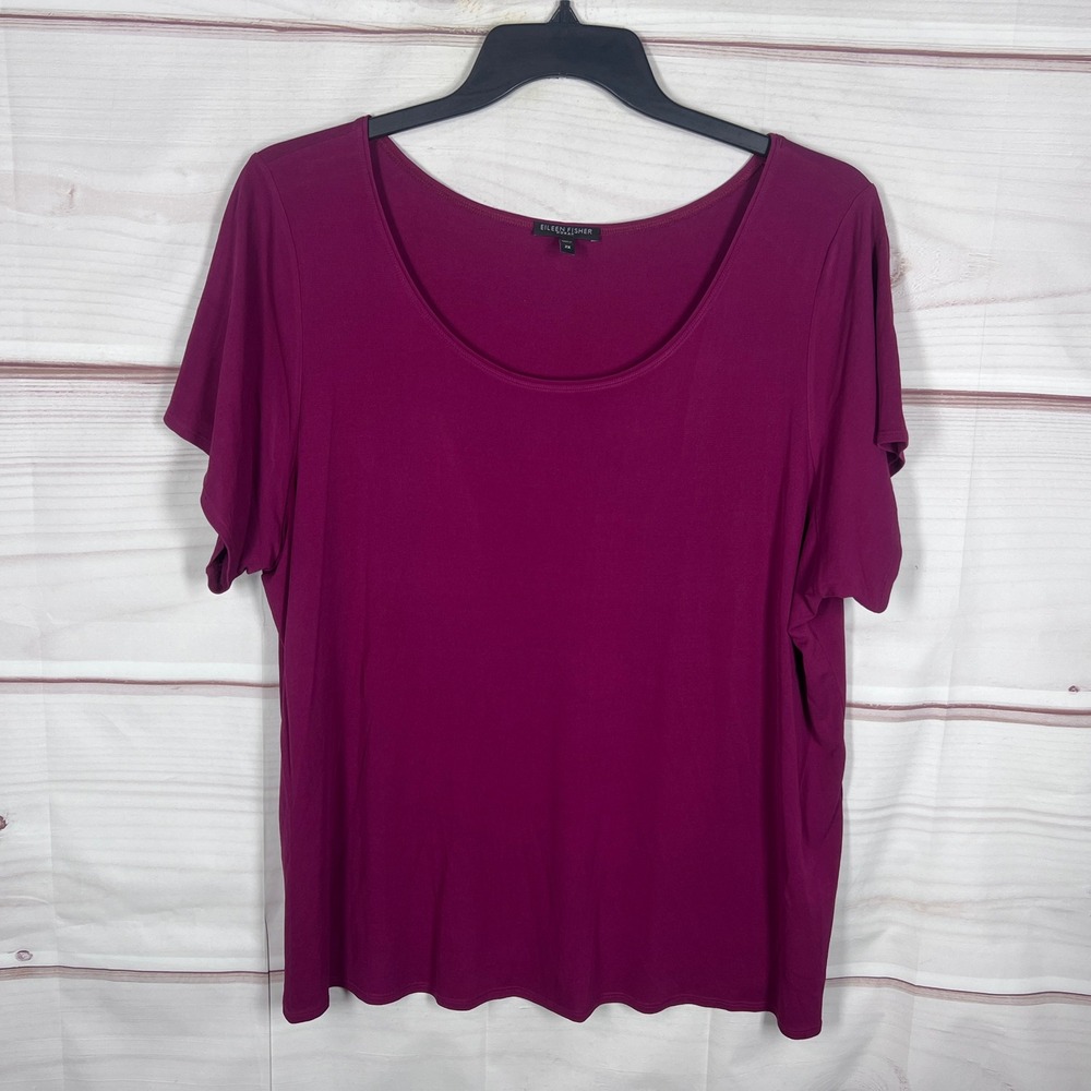 Eileen Fisher Top Women 2X Purple Silk Scoop Neck T-Shirt Short Sleeve Knit